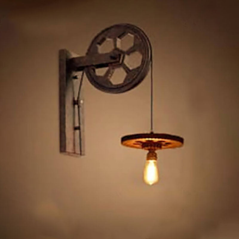 Novarielle Vintage Iron and Wood Pulley Wall Sconce for Rustic Hallway Lighting