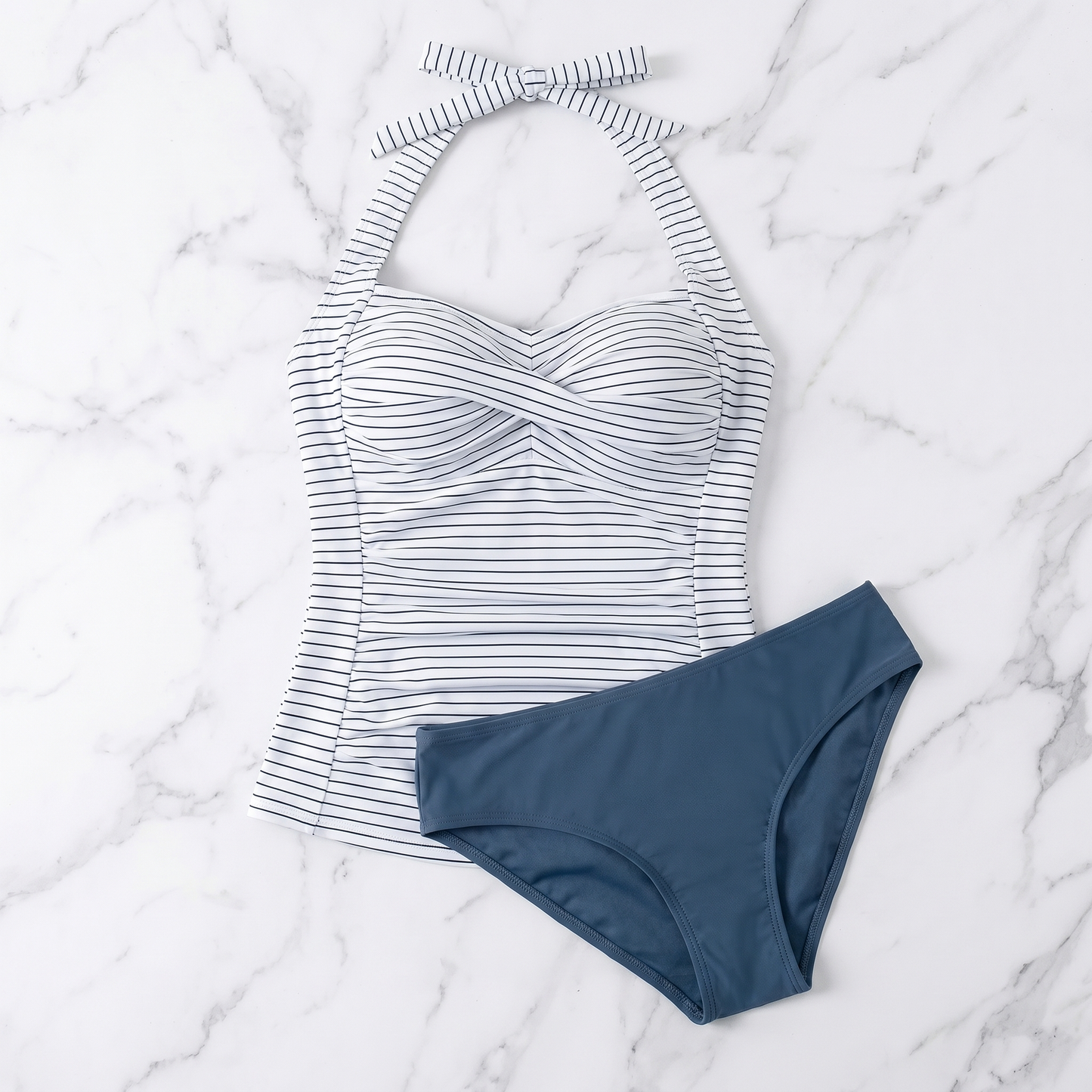 Blue Striped Tummy Control Tankini Set