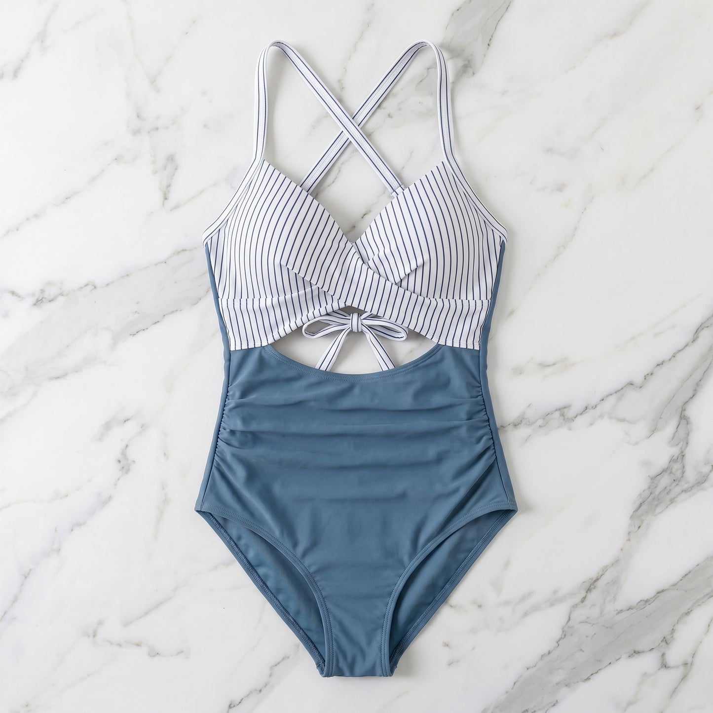 Blue Stripe High-Waisted Tummy Control One-Piece
