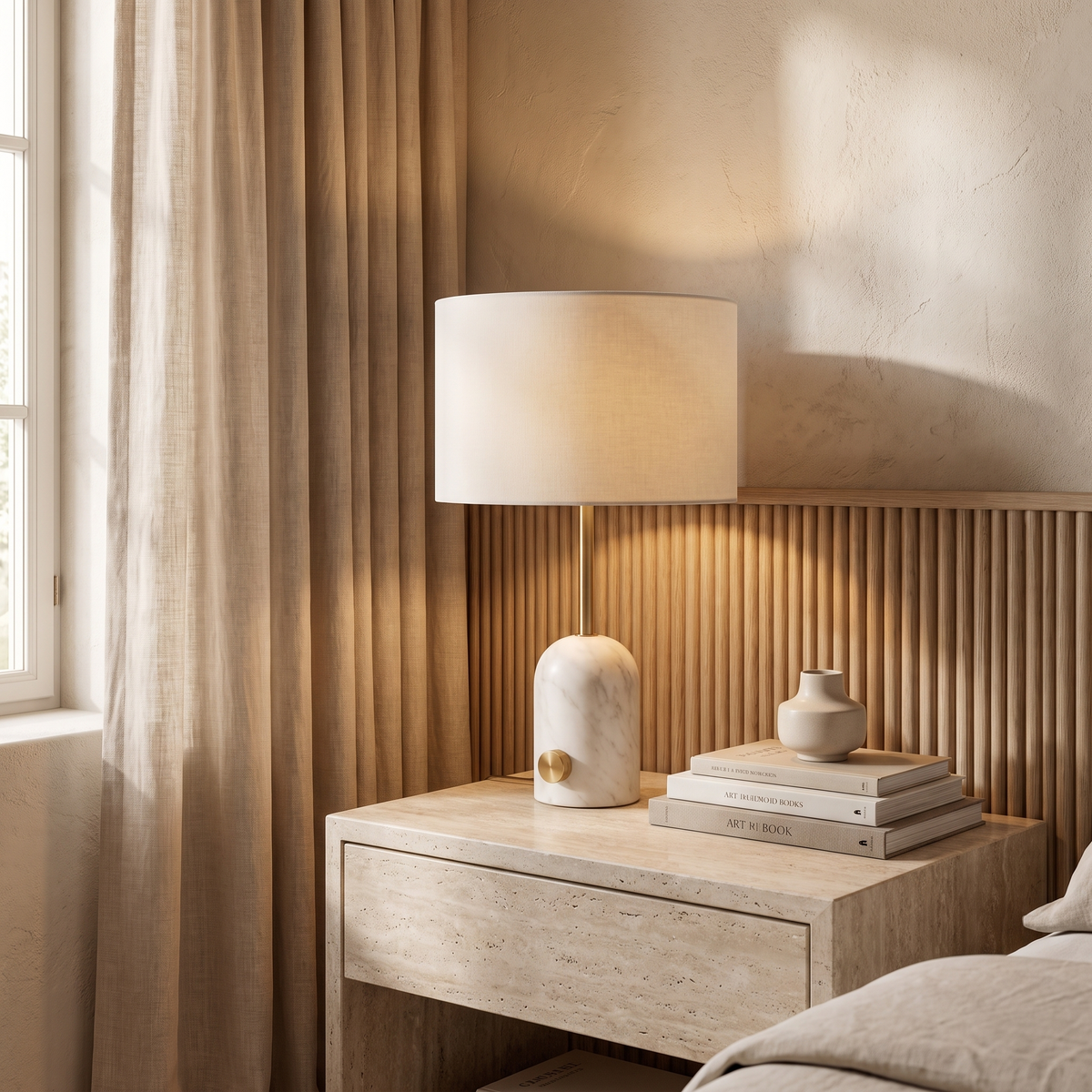 Rivelle Modern Marble Fabric Table Lamp with Warm Glow for Living Room Console Styling