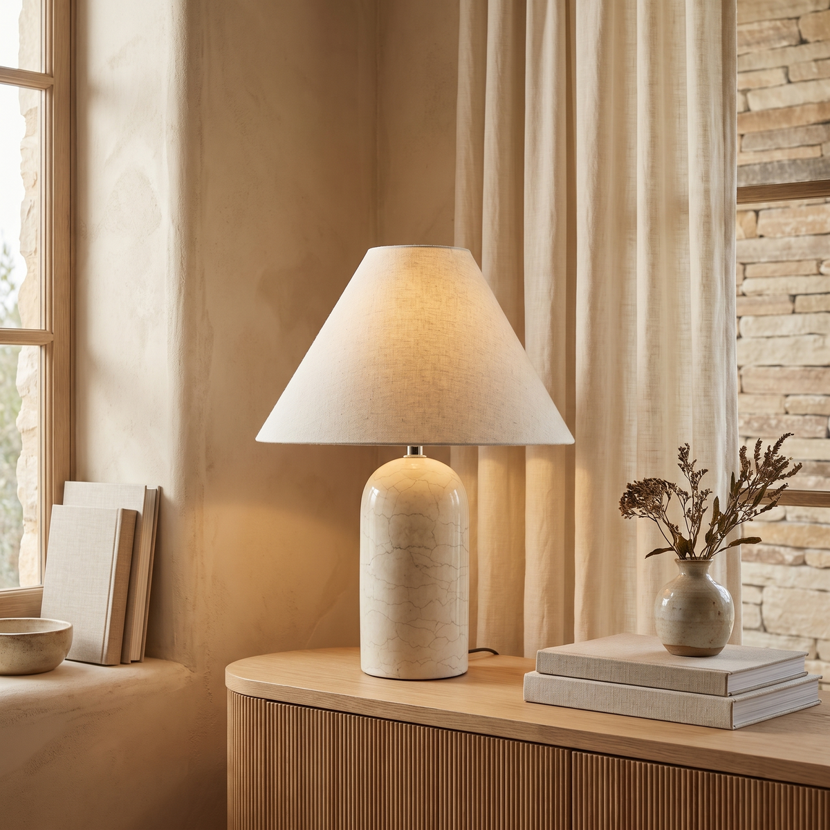 Vionelle Contemporary Fabric and Marble Table Lamp with Adjustable E27 White Light