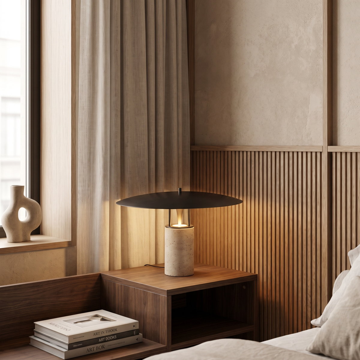 Marcheva Modern Marble and Travertine Table Lamp with Integrated LED Glow