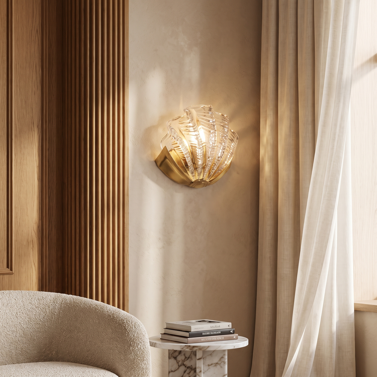 Kirielle Art Deco Brass Wall Sconce with Shell-Shaped Glass Shade for Bedroom