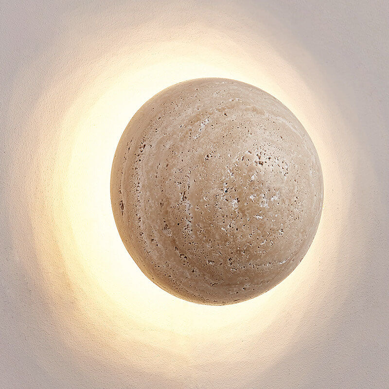 Mirabeau Japanese Yellow Travertine Round LED Wall Sconce for Wabi-Sabi Hallway Decor
