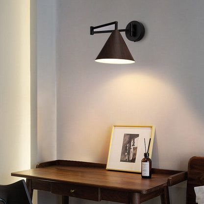 Pemberly Minimalist Wood-Tone Iron Swing Arm Wall Sconce for Bedside Reading