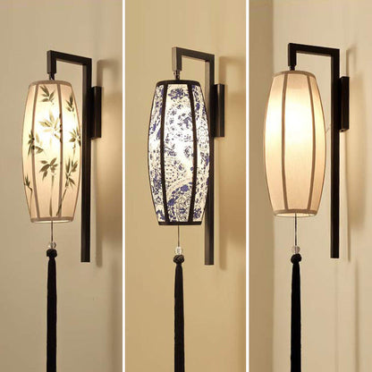 Ostara Chinese-Style Painted Fabric Lantern Wall Sconce with Tassel for Hallway