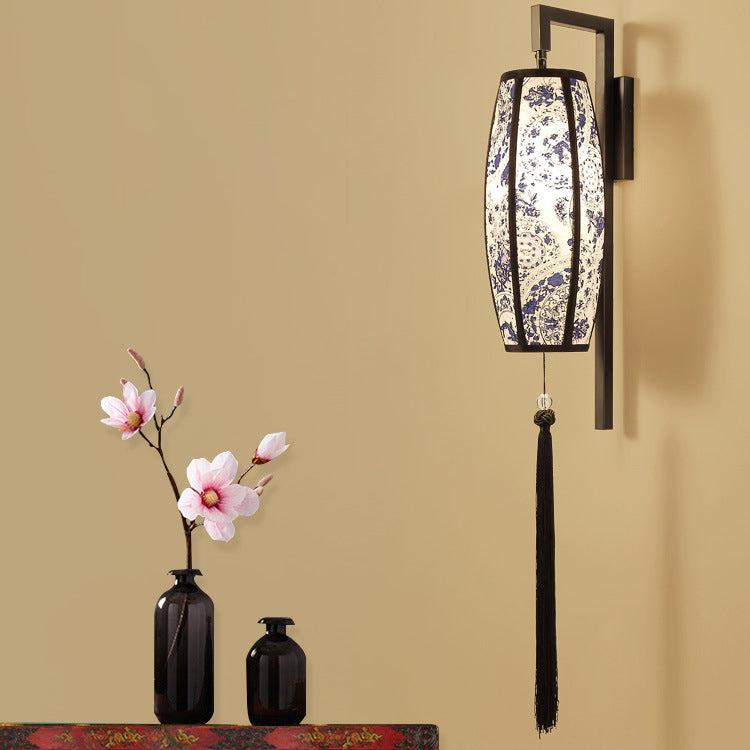 Ostara Chinese-Style Painted Fabric Lantern Wall Sconce with Tassel for Hallway