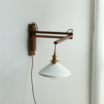 Ursaline Nordic Milk-White Striped Glass Retractable Wall Sconce for Bedside Reading