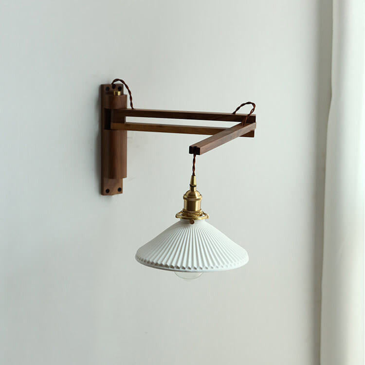 Ursaline Nordic Milk-White Striped Glass Retractable Wall Sconce for Bedside Reading