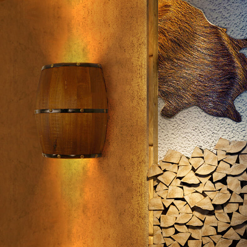 Faubourg Industrial Brown Wood Half Barrel Wall Sconce for Living Room Ambient Glow