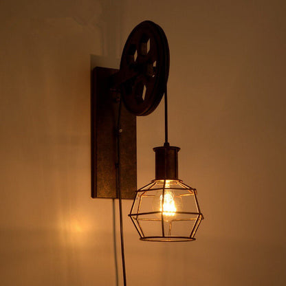 Novarielle Vintage Iron and Wood Pulley Wall Sconce for Rustic Hallway Lighting