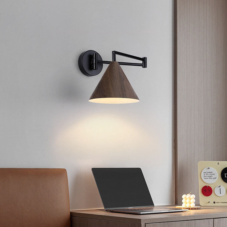Pemberly Minimalist Wood-Tone Iron Swing Arm Wall Sconce for Bedside Reading
