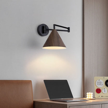 Pemberly Minimalist Wood-Tone Iron Swing Arm Wall Sconce for Bedside Reading