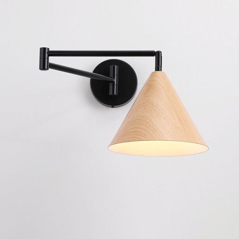 Pemberly Minimalist Wood-Tone Iron Swing Arm Wall Sconce for Bedside Reading