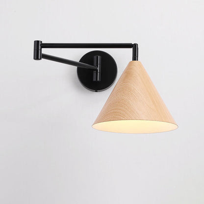 Pemberly Minimalist Wood-Tone Iron Swing Arm Wall Sconce for Bedside Reading