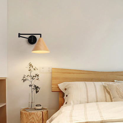 Pemberly Minimalist Wood-Tone Iron Swing Arm Wall Sconce for Bedside Reading