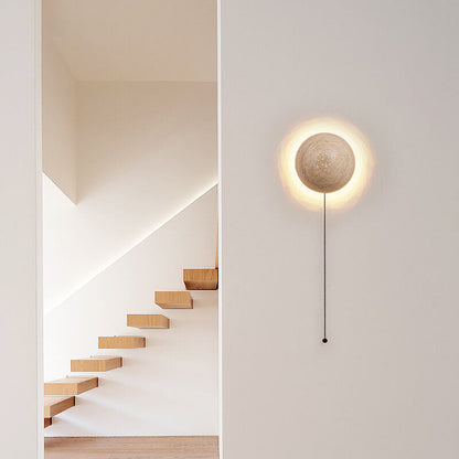 Mirabeau Japanese Yellow Travertine Round LED Wall Sconce for Wabi-Sabi Hallway Decor