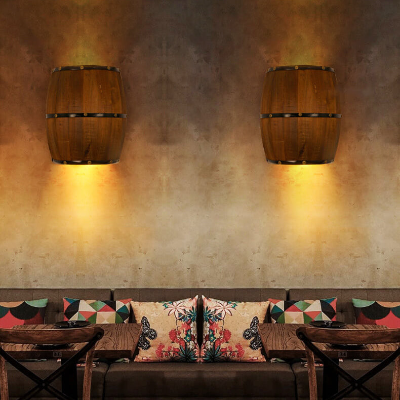 Faubourg Industrial Brown Wood Half Barrel Wall Sconce for Living Room Ambient Glow