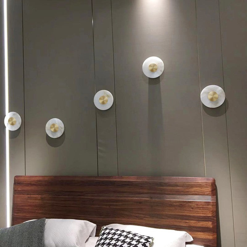 Larkspur Minimalist Round Iron Wall Sconce with Marble Accent and Built-In LED for Bedroom