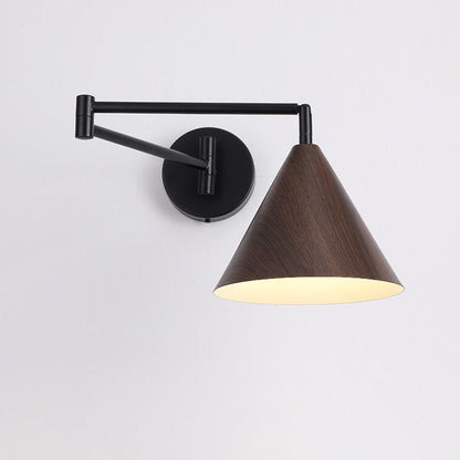 Pemberly Minimalist Wood-Tone Iron Swing Arm Wall Sconce for Bedside Reading