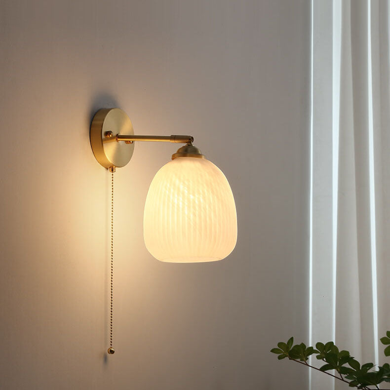 Lumelle Contemporary Brass Striped Glass Wall Sconce with Pull Cord for Bedroom