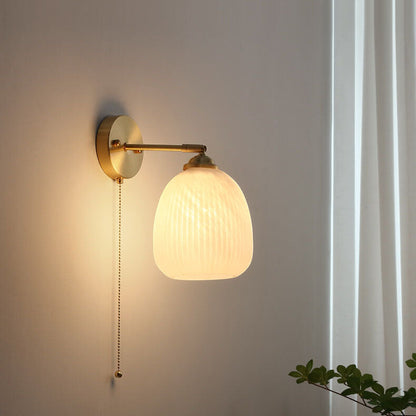Lumelle Contemporary Brass Striped Glass Wall Sconce with Pull Cord for Bedroom