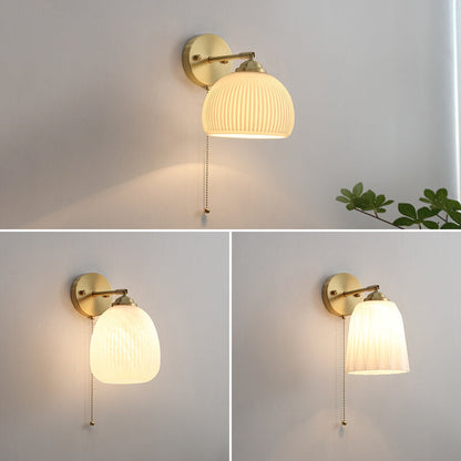 Lumelle Contemporary Brass Striped Glass Wall Sconce with Pull Cord for Bedroom