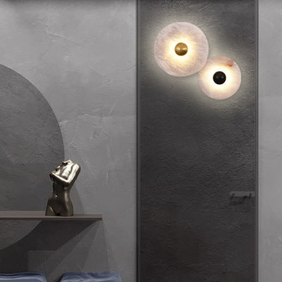 Larkspur Minimalist Round Iron Wall Sconce with Marble Accent and Built-In LED for Bedroom