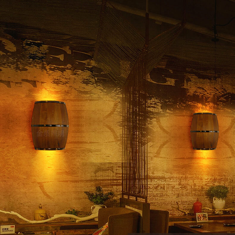 Faubourg Industrial Brown Wood Half Barrel Wall Sconce for Living Room Ambient Glow