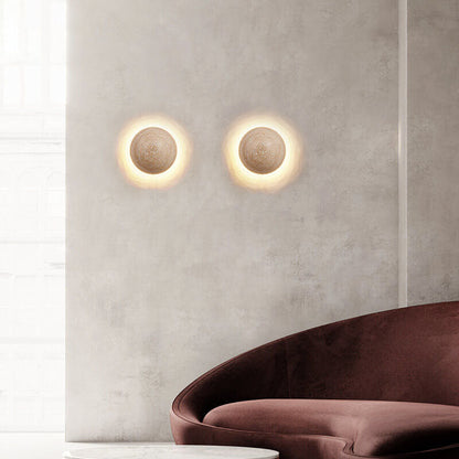 Mirabeau Japanese Yellow Travertine Round LED Wall Sconce for Wabi-Sabi Hallway Decor