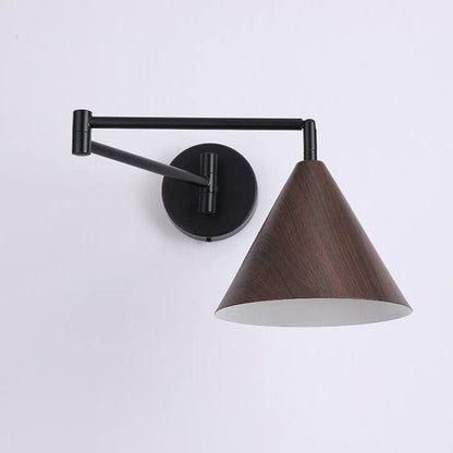 Pemberly Minimalist Wood-Tone Iron Swing Arm Wall Sconce for Bedside Reading