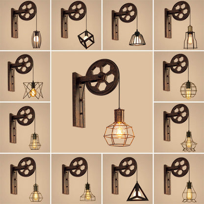 Novarielle Vintage Iron and Wood Pulley Wall Sconce for Rustic Hallway Lighting