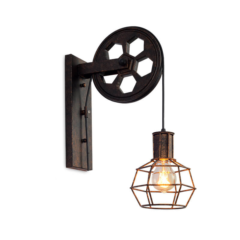 Novarielle Vintage Iron and Wood Pulley Wall Sconce for Rustic Hallway Lighting