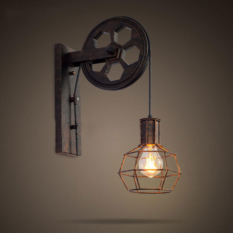 Novarielle Vintage Iron and Wood Pulley Wall Sconce for Rustic Hallway Lighting