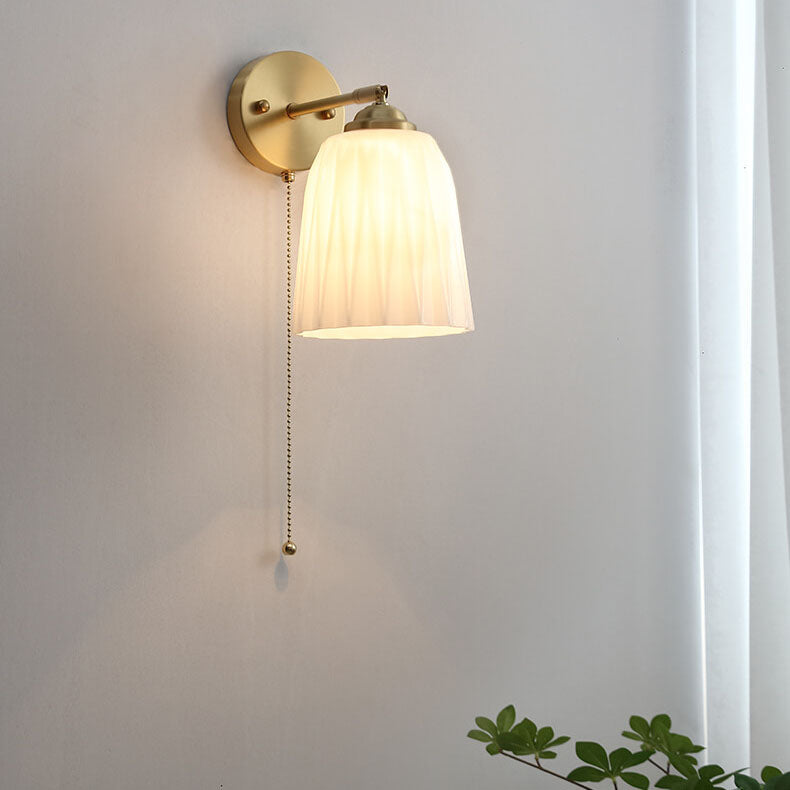 Lumelle Contemporary Brass Striped Glass Wall Sconce with Pull Cord for Bedroom
