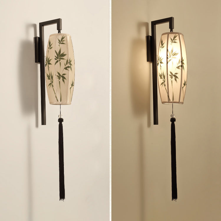 Ostara Chinese-Style Painted Fabric Lantern Wall Sconce with Tassel for Hallway