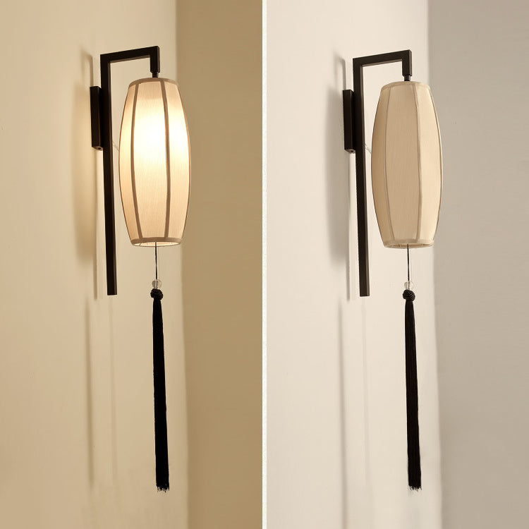 Ostara Chinese-Style Painted Fabric Lantern Wall Sconce with Tassel for Hallway