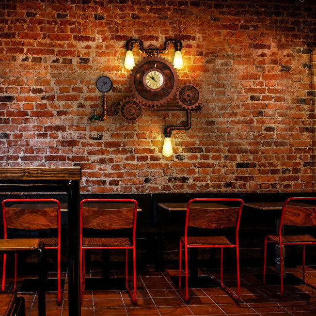 Brasselle Industrial Iron Gear and Pipe Wall Sconce with Clock for Hallway and Bar