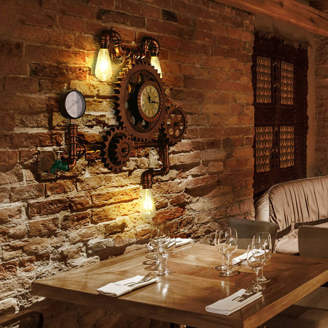 Brasselle Industrial Iron Gear and Pipe Wall Sconce with Clock for Hallway and Bar