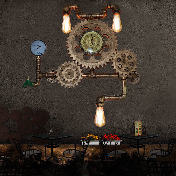 Brasselle Industrial Iron Gear and Pipe Wall Sconce with Clock for Hallway and Bar