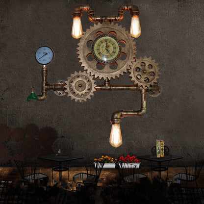 Brasselle Industrial Iron Gear and Pipe Wall Sconce with Clock for Hallway and Bar