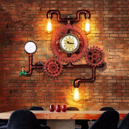 Brasselle Industrial Iron Gear and Pipe Wall Sconce with Clock for Hallway and Bar