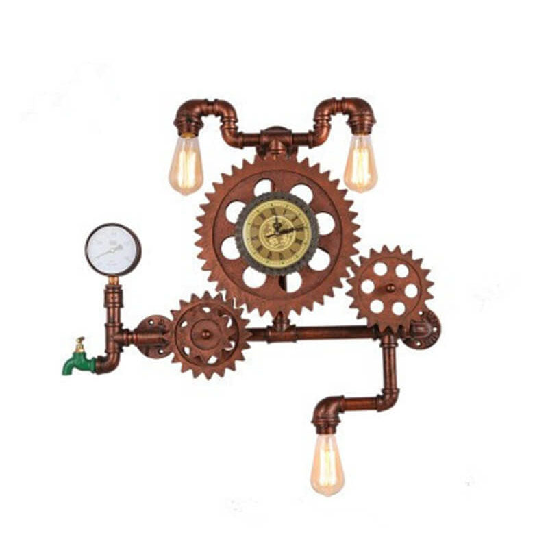 Brasselle Industrial Iron Gear and Pipe Wall Sconce with Clock for Hallway and Bar
