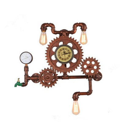 Brasselle Industrial Iron Gear and Pipe Wall Sconce with Clock for Hallway and Bar
