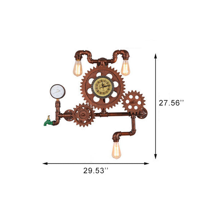 Brasselle Industrial Iron Gear and Pipe Wall Sconce with Clock for Hallway and Bar