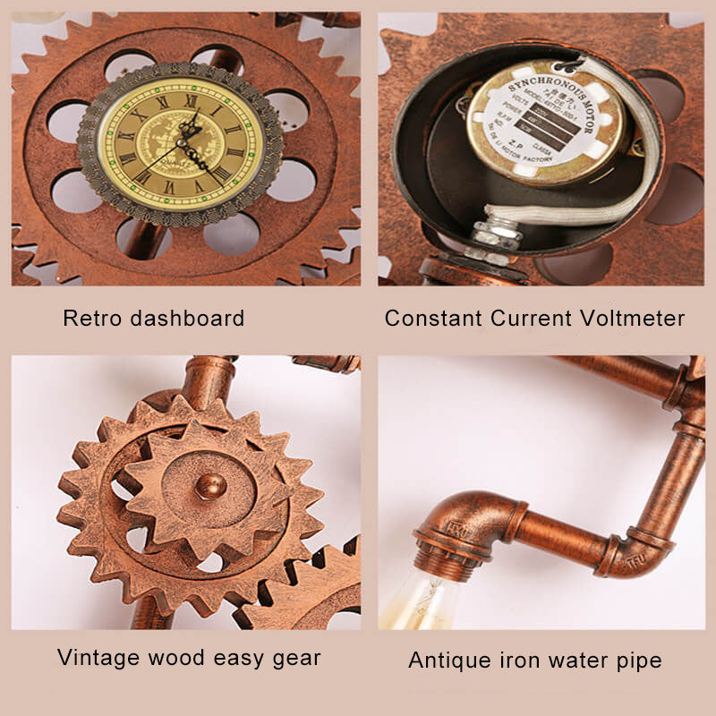 Brasselle Industrial Iron Gear and Pipe Wall Sconce with Clock for Hallway and Bar