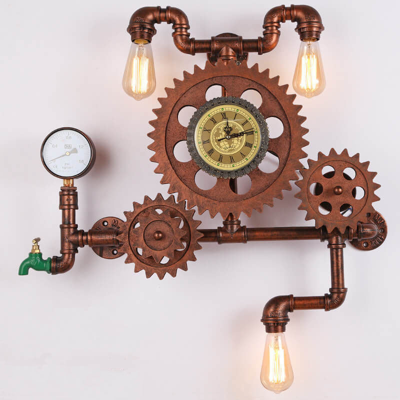 Brasselle Industrial Iron Gear and Pipe Wall Sconce with Clock for Hallway and Bar