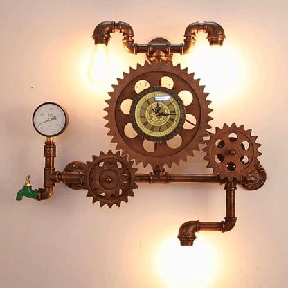 Brasselle Industrial Iron Gear and Pipe Wall Sconce with Clock for Hallway and Bar
