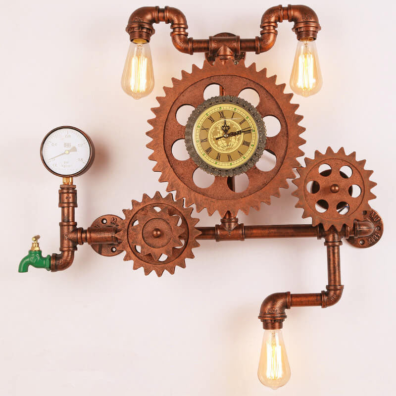 Brasselle Industrial Iron Gear and Pipe Wall Sconce with Clock for Hallway and Bar