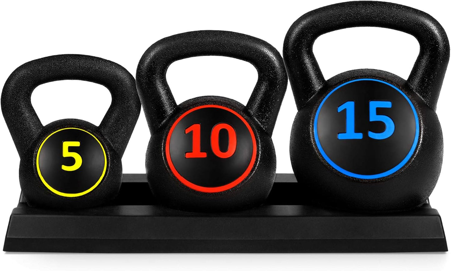 3-Piece Kettlebell Set with Storage Rack – 5 lb, 10 lb, 15 lb HDPE-Coated Concrete Weights for Strength Training and Home Gym